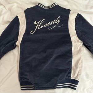 “Honesty” varsity jacket navy and white